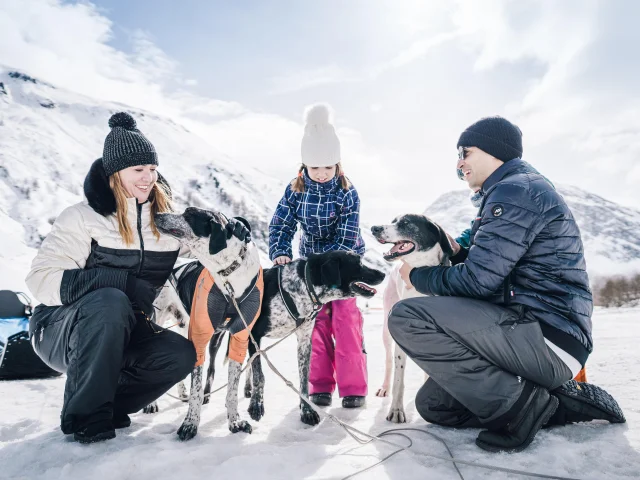Family with children petting sled dogs in Val d'Isère's Manchet valley