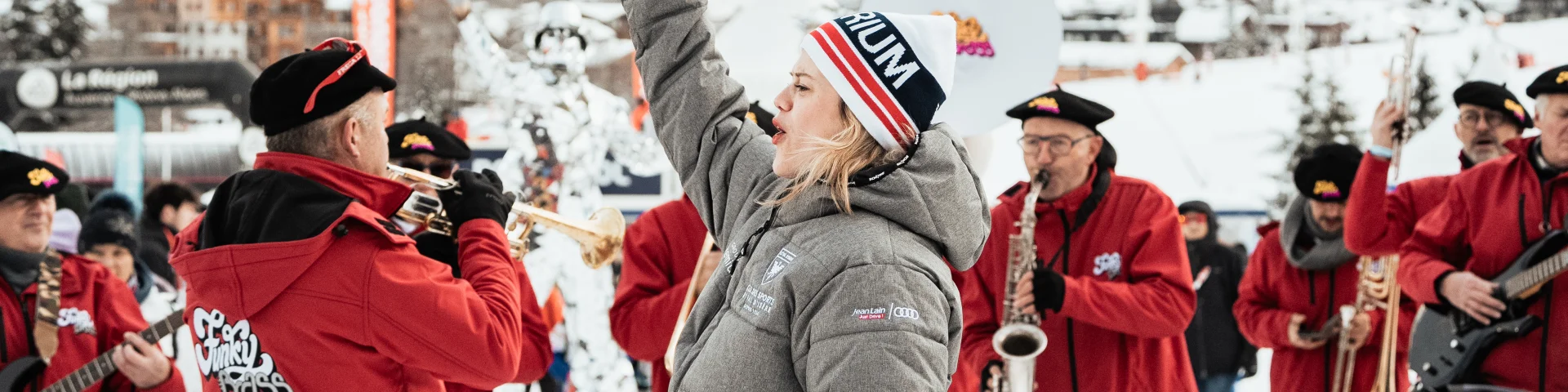 Fanfare and entertainment during the Criterium De La Premiere Neige in Val Disere